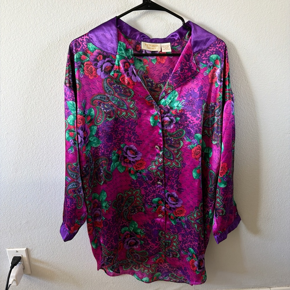 Victoria's Secret Purple Floral Satin Button-Down Blouse